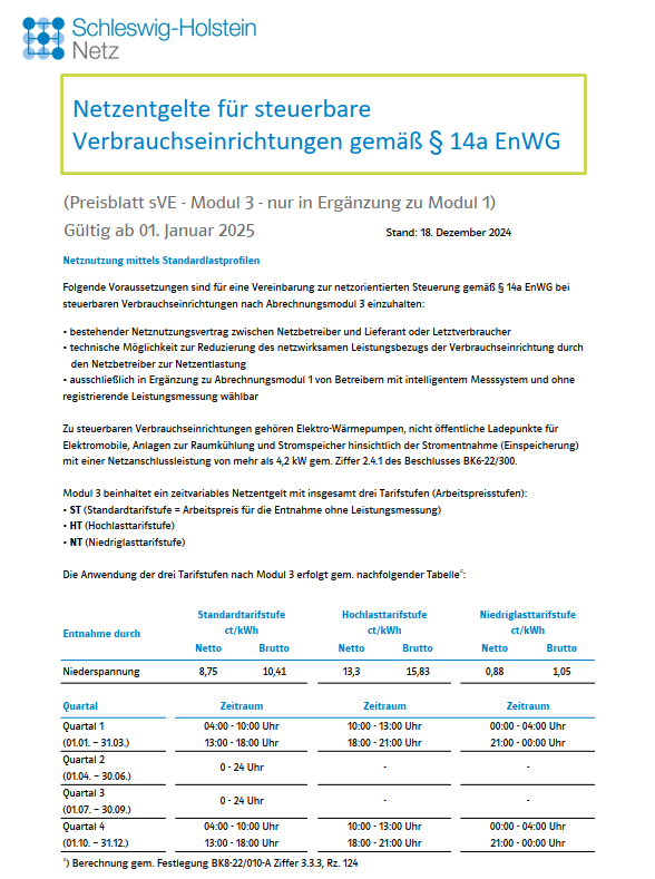 zeitvariables Stromnetzentgelt Modul 3 Schleswig Holstein Netz