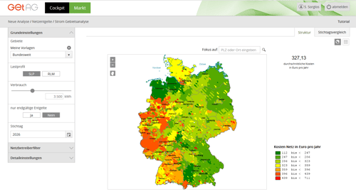 Karte zur Darstellung des Preisniveaus der Netzentgelte im Cockpit der GET AG